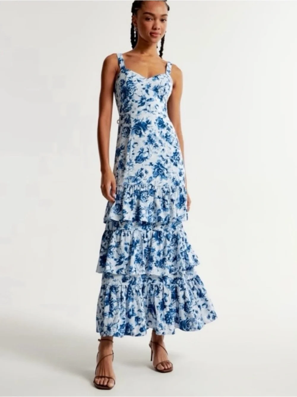 Abercrombie & Fitch White and Blue Floral Tiered Maxi Dress